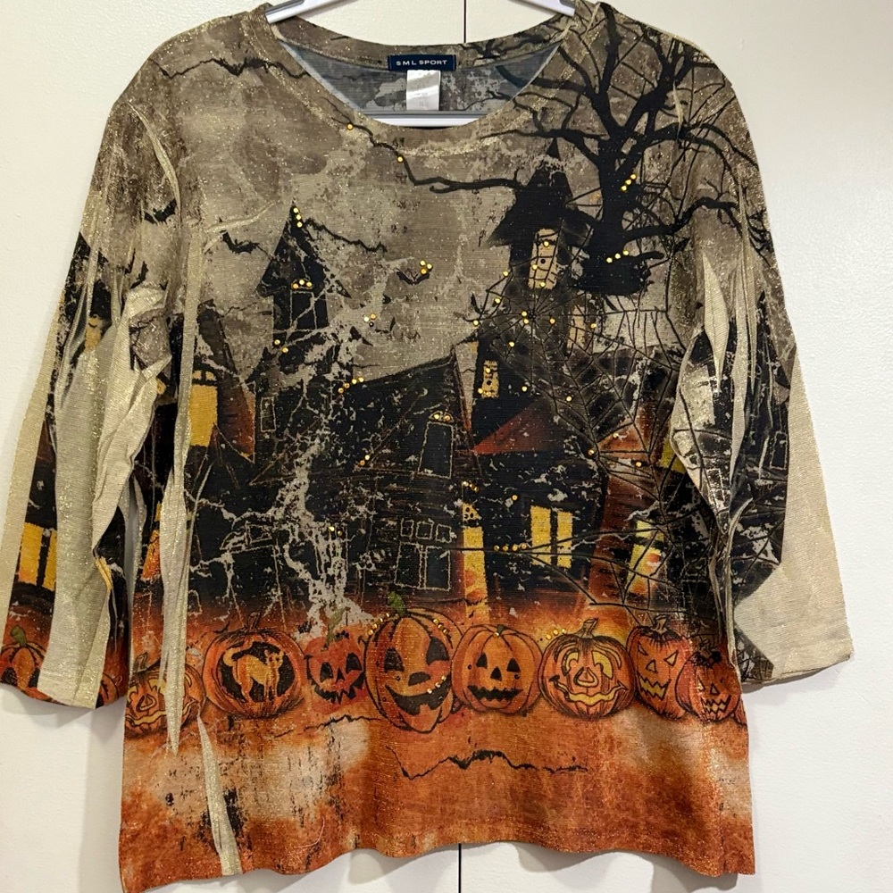 SML Sport Black and Orange Halloween Blouse with Vintage Graphics - Picture 2 of 7
